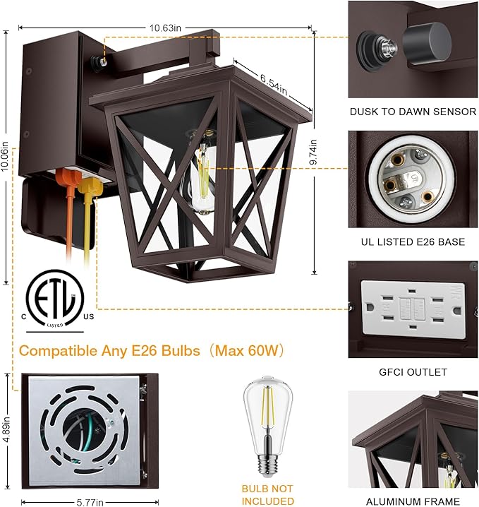 Ehaho Porch Lights with Outlet, Dusk to Dawn Outdoor Light Built-in, Waterproof Anti-Rust Lantern Outside Light with GFCI Outlet, Wall Sconce Light with Plug for Front Door (Brown 1 PC) (Pack of 2)