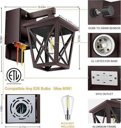 Ehaho Porch Lights with Outlet, Dusk to Dawn Outdoor Light Built-in, Waterproof Anti-Rust Lantern Outside Light with GFCI Outlet, Wall Sconce Light with Plug for Front Door (Brown 1 PC) (Pack of 2)