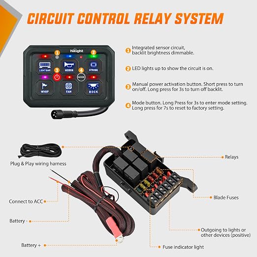 Nilight 6 Gang Switch Panel Green 12V 60A Circuit Control System 4-Mode | Fuse Wiring Harness Automatic Dimmable LED Pod Toggle/Momentary/Strobe/Flash Modes for Car Pickup Truck Camper SUV