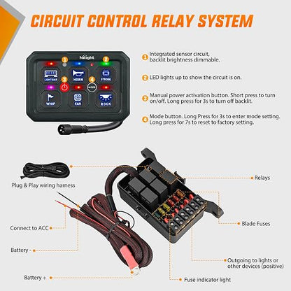 Nilight 6 Gang Switch Panel Green 12V 60A Circuit Control System 4-Mode | Fuse Wiring Harness Automatic Dimmable LED Pod Toggle/Momentary/Strobe/Flash Modes for Car Pickup Truck Camper SUV