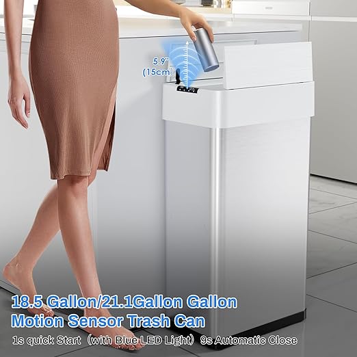 Automatic Trash Can,13.2 Gallon Touchless Motion Sensor Trash Bin, Smart Garbage Can with Soft-Close Lid, Bag Retainer Ring and Display Light,for Kitchen,Living Room Office (Silver, 50L)
