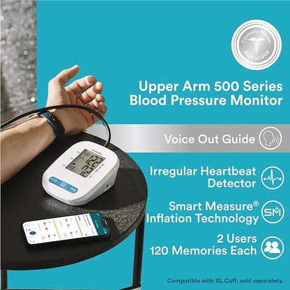 Homedics 500 Series Bluetooth Upper Arm Blood Pressure Monitor for Home Use, Voice Out Guide, Smart Measure, Irregular Heartbeat Detection, 2 Users, 120 Memories Each
