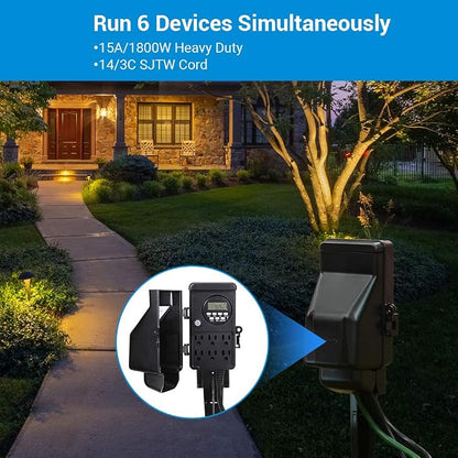 DEWENWILS Outdoor Digital Power Strip Timer, Waterproof Power Stake Timer | Waterproof 6 Outlets, 6ft Cord, Works for Outdoor Lights, Yard, Garden, 15A Heavy Duty, Overload Protection