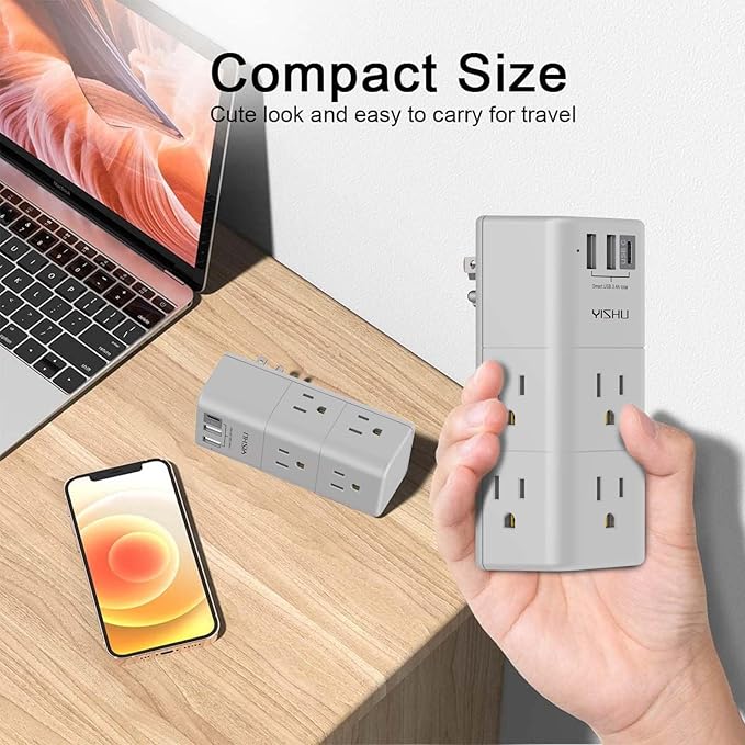 Multi Plug Outlet Surge Protector - YISHU Outlet Extender with Rotating Plug, 6 AC Outlets and 3 USB Ports, 3-Sided Swivel Power Strip Ideal Stocking Stuffers, Gray