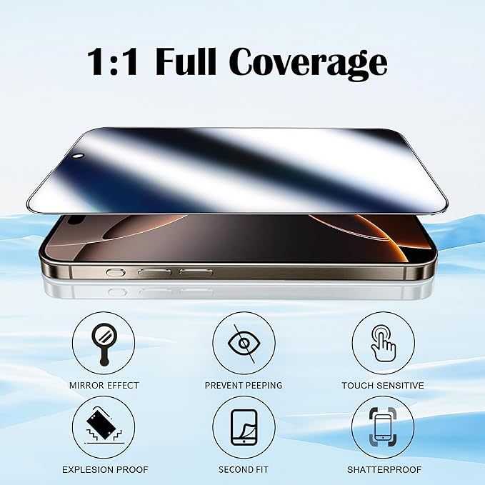2 Pack Mirror Screen Protector iPhone 16 Pro Max Privacy Tempered Glass for 16 promax Mirrored Effect Anti-Spy Private Easy Installation Frame Full Coverage Anti-Scratch (6.9 inch Silver)