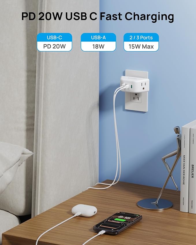 TROND Outlet Extender with 360 Rotating Plug, PD 20W USB C | 2 AC Outlet Splitter, 3-Side Design Wall Plug Adapter, for Bathroom Kitchen Cruise Ship Travel Essentials, White