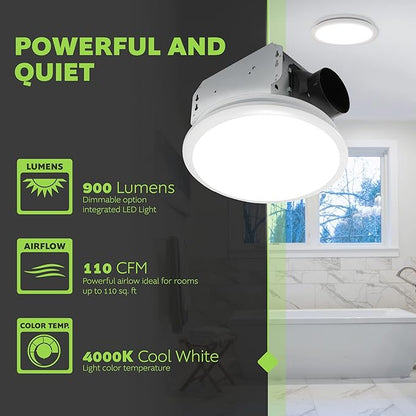 Homewerks 7141-110 Bathroom Fan Integrated LED Light Ceiling Mount Exhaust Ventilation 2.0 Sones 110 CFM, White