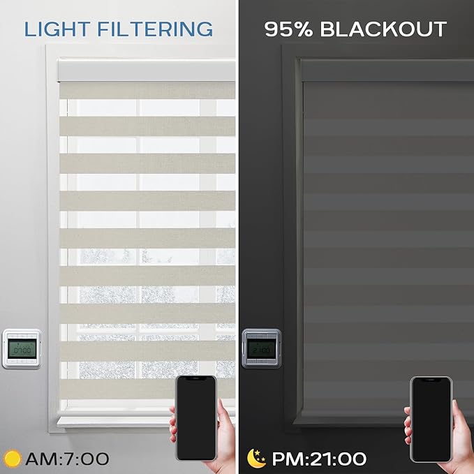Motorized Zebra Blinds Compatible with Alexa Smart Dual Layer Shades with Control Remote Roller Blinds Automatic Shades for Smart Home and Office Customized Size (95% Shading - Luxury Gold)