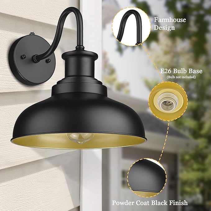 Dusk to Dawn Outdoor Barn Light, Farmhouse Outdoor Wall Sconce, Rustic Exterior Wall Mount Light, Vintage Outside Lighting Fixture Industrial Black Lantern for Porch Garage Shed,1 Pack