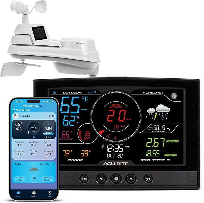AcuRite Iris (5-in-1) Home Weather Station with Direct-to-Wi-Fi Wireless Display and Alerts for Remote Monitoring Indoor/Outdoor Temperature and Humidity with Wind Speed/Direction (01544M)