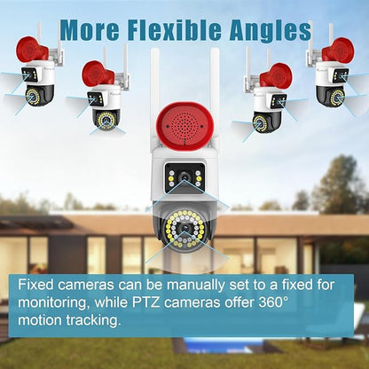 4MP Dual Lens Outdoor Security Camera with Night Vision & Floodlight, 355° Pan/Tilt Motion Tracking, 2.4GHz WiFi, SD/Cloud Storage, IP66 Waterproof, 2-Way Audio, Works with Mobile Apps & PC