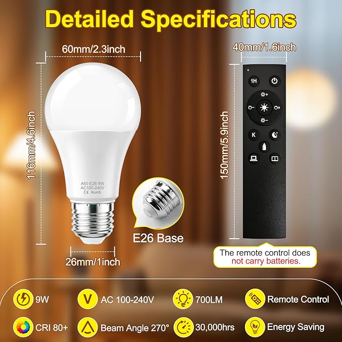 SCNNC LED Remote Control Light Bulbs, 700LM 9W, 60 Watt Equivalent, 3000K-6500K Stepless Dimmable Warm Light Bulbs, E26/E27 Base,100V-240V AC, CRI 80+, 30000+ Hours Lifespan (1 Remote, 1 Bulb)