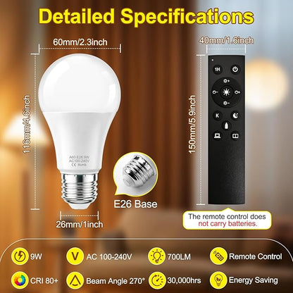 SCNNC LED Remote Control Light Bulbs, 700LM 9W, 60 Watt Equivalent, 3000K-6500K Stepless Dimmable Warm Light Bulbs, E26/E27 Base,100V-240V AC, CRI 80+, 30000+ Hours Lifespan (1 Remote, 1 Bulb)