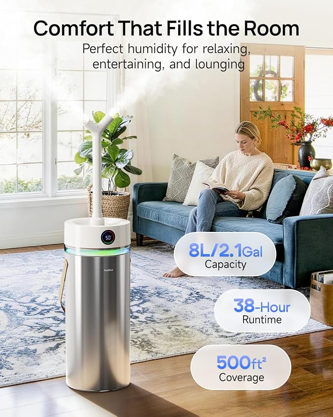 Feekaa Stainless Steel Humidifier, 8L/2.1Gal Cool Mist Humidifiers for Bedroom, Easy to Clean Humidifier Large Room with Diffuser, Humidifiers for Baby Kids Nursery Living Room Office Plant