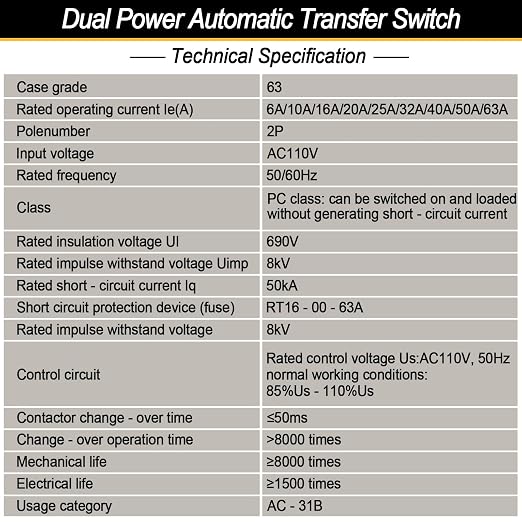 Ketofa 2P 63A 110V Automatic Transfer Switch, Uninterruptible Power, White