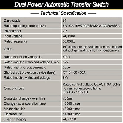 Ketofa 2P 63A 110V Automatic Transfer Switch, Uninterruptible Power, White