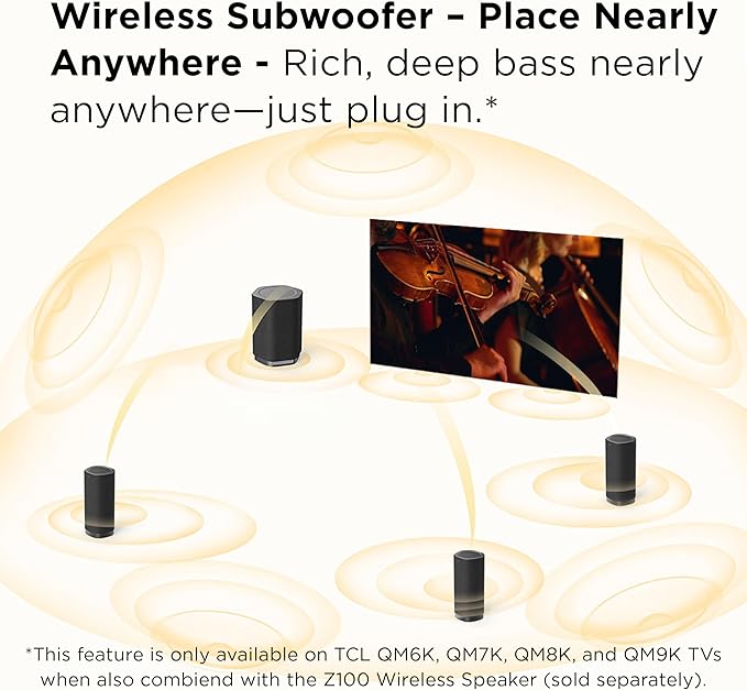 TCL Z100 Wireless Immersive 3D Home Theater Subwoofer QM6K, QM7K, QM8K, QM9K & X11L | Dolby Atmos Deep-Bass, Room-Filling Sound | Flexible Placement & Modern Design | Latest Model