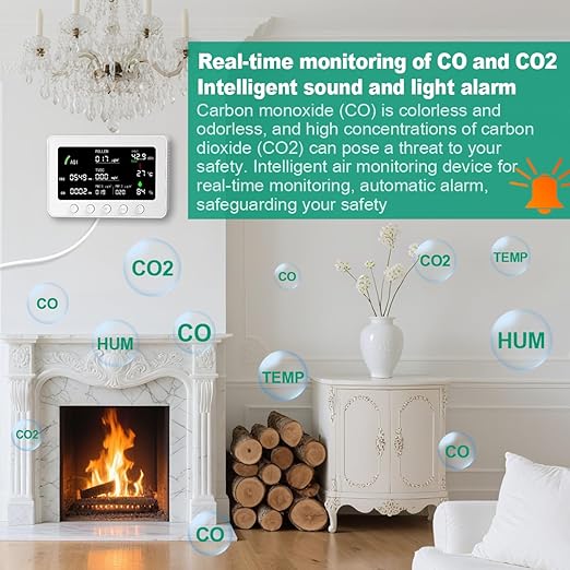 10 in 1 Air Quality Monitor Indoor,with WiFi and APP,7" Display,Detector for CO2，Pollen,Noise,Decibel Meter,TVOC,PM1.0,PM2.5,AQI,Temp and Humid,Air Quality Meters for Home,Office (White)