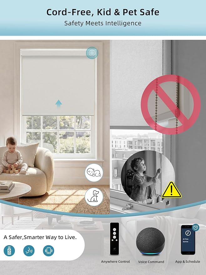 SmartWings Motorized Smart Blinds with Remote, Custom Automatic 100% Blackout Roller Shade Compatible with Alexa/Homekit/Google, Electric Smart Blinds for Indoor Windows, Bouvardia Cream