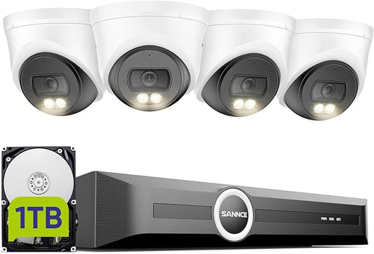 SANNCE 2K 3MP PoE Security Camera System - 8CH 6MP Surveillance NVR with 4PCS 3MP HD Weatherproof Dome Cameras with H.265 Video Compression, Clear Full Color Night Vision, Audio Recording (1TB HDD)
