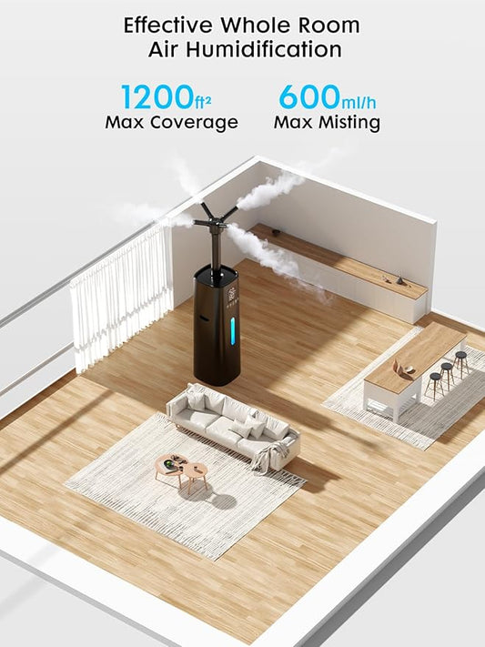 15L/4Gal Humidifier Large Room, 600mL/h Misting, 1200ft² Coverage, Auto Humidity Control, 72H Runtime, Top Fill, Aroma Diffuser, Sleep Mode, 12H Timer, Auto Shutoff Protection