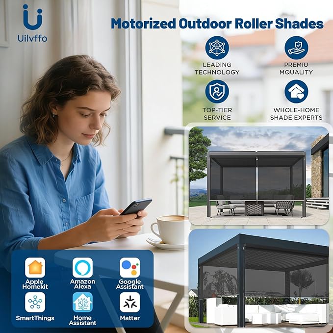 Motorized Outdoor Shades, Custom Patio Roller Blinds with Remote, Smart Exterior Sun Shades Compatible with Alexa, HomeKit, Google Home (5% Openness Black)