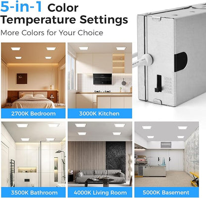 HONZIN 1 Pack 6 Inch Square Recessed Lighting, 5CCT Ultra Thin Square Recessed LED Downlight with Junction Box, 2700K/3000K/3500K/4000K/5000K Selectable, Dimmable,15W, Canless IC Rated, White Trim