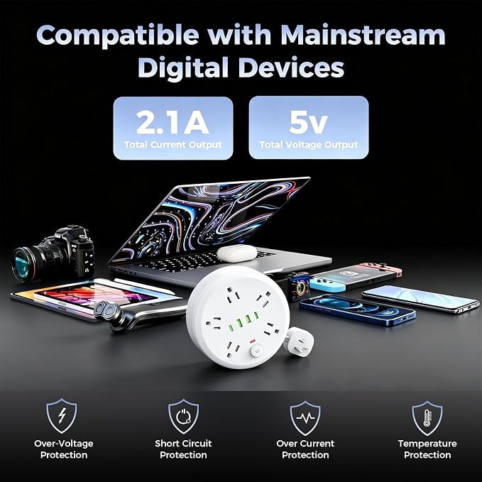 Power Strip Surge Protector-6.56 ft Retractable Travel Extension Cord Portable Powerstrip with 5 Outlet 2 Smart USB Port 2 USB C for Home Office Travel White