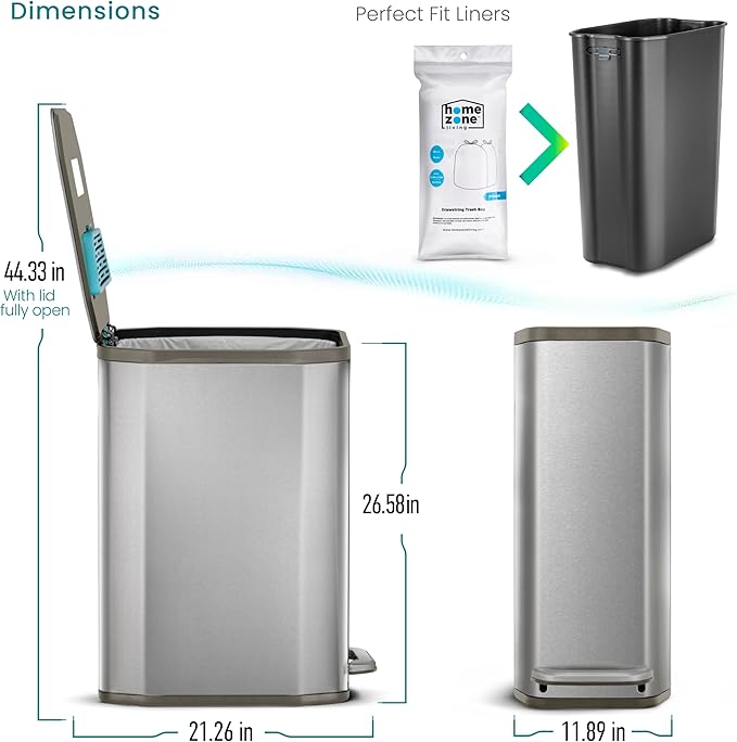 Home Zone Living 13 Gallon Slim Kitchen Trash Can with CleanAura Odor Control, Soft-Close Lid and Step Pedal, Stainless Steel, Silver