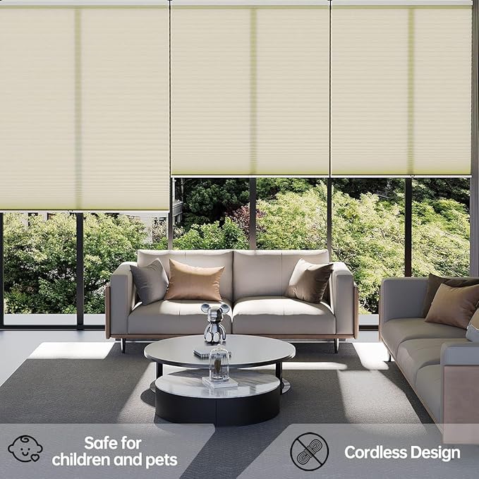 Cellular Shades Light Filtering Honeycomb Blinds for Indoor Windows, Cordless Cellular Shades 1.5 inch Cell Pleated for Bedroom Home Office, Custom Size, Half Shading Cream