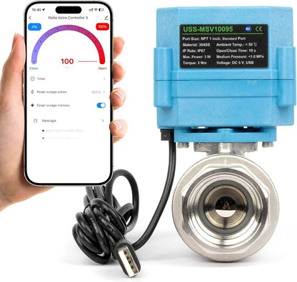 U.S. Solid WiFi Smart Motorized Ball Valve 1 Inch NPT 2-Way 304 Stainless Steel Electric Actuated Valve USB Powered NSF Certified for Water Irrigation