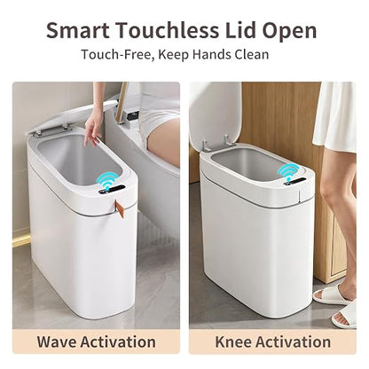 Bathroom Trash Can with Lid, 3.5 Gallon Small Automatic Motion Sensor Garbage Bin with Auto Bag Suction & One-Pull Self Sealing, Slim Smart Touchless Waste Basket for Bedroom, Office, Kitchen, Rv