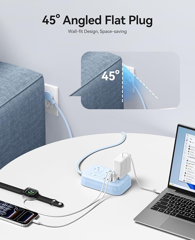 ORICO Surge Protector Power Strip, PD20W Multiple Outlets Extension Cord with 6 AC Outlets and 4 USB Charging Ports (2 USB-C), 45° Flat Plug, 5 Ft Mountable Outlet Extender for Home/Office/Dorm - OG