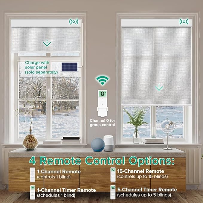 Motorized Roller Shades, Light Filtering Remote Control Custom Window Shades Compatible with Alexa Google Assistant via RF Hub, Rechargeable Electric Blinds for Windows (Fireproof Silver)