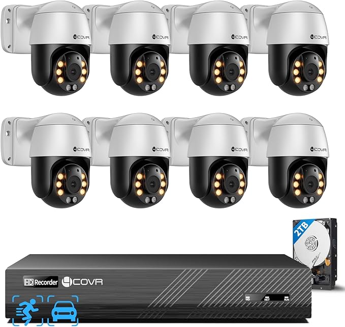 4COVR PoE PTZ Security Camera System, 8X 5MP PoE IP Camera, 8CH 4K NVR & 2TB HDD, 350ｰ Pan 90ｰ Tilt 3X Digital Zoom, Smart Color Night Vision, Two Way Audio, AI Human Vehicle Detection, LYM2XP5M0808