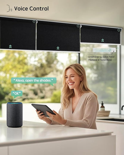 Yoolax Motorized Blinds with Remote, 100% Blackout Smart Roller Shades Work with Alexa, Google, Apple Homekit, Custom Automatic Shades with Voice Control for Bedroom Office (Fabric Black)
