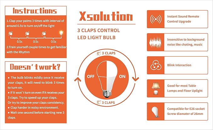 SYSAI 3 Claps Light Control Bulb for Bedroom Table Lamp Upgrade, Sound Activated ON/Off Solution, Clap Detection, Smart Home, As Seen On TV, Soft White