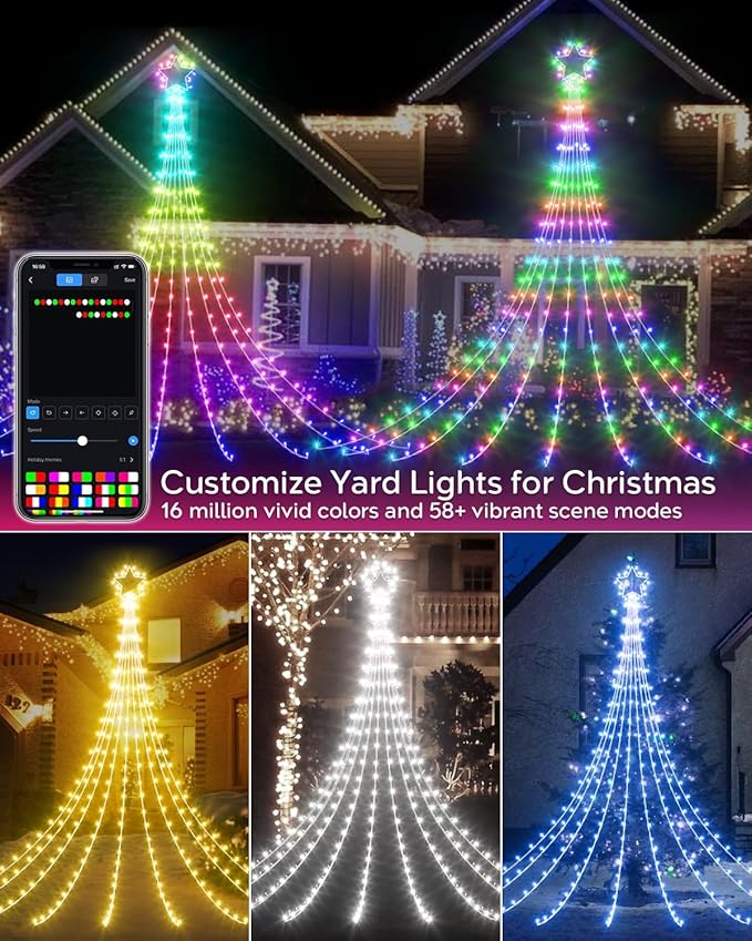 Smart Outdoor Christmas Waterfall Star String Lights, 12FT Dynamic RGB Led Tree Lights DIY Color Changing App Remote Control Unique Yard Lights for Outside Roof Home Xmas Holiday Decorations