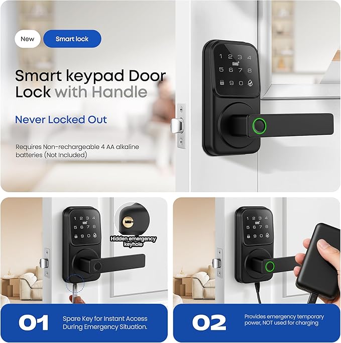 Smart Door Handle Lock, Heittis Fingerprint Smart Lock with Touchscreen Keypad - Keyless Biometric Deadbolt Door Knob for Front Door, Bedroom, Interior or Exterior Use (Black, App Control)