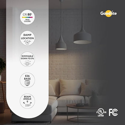 Goodlite A19 LED Bulb, 5 Color Selectable 3000K-3500K-4100K-5000K-6500K, 800 Lumens, 9W (60W Equivalent), High CRI, 5% Dimmable, UL Listed, Enclosed Fixtures & Damp Rated, 15,000 Hrs. 50pk (G-10881)