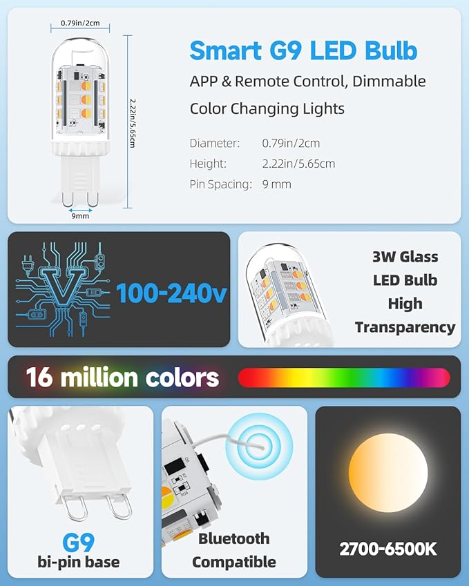 Bluetooth Smart G9 Bulb, Glass Cover G9 LED Bulb 3W 25W Halogen Lights Equivalent, G9 Bi-Pin Base, 16 Million Colors Bluetooth App & Remote Control Light Bulb, 2-Pack