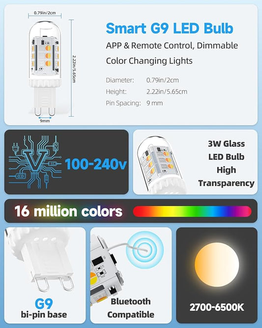 Bluetooth Smart G9 Bulb, Glass Cover G9 LED Bulb 3W 25W Halogen Lights Equivalent, G9 Bi-Pin Base, 16 Million Colors Bluetooth App & Remote Control Light Bulb, 2-Pack