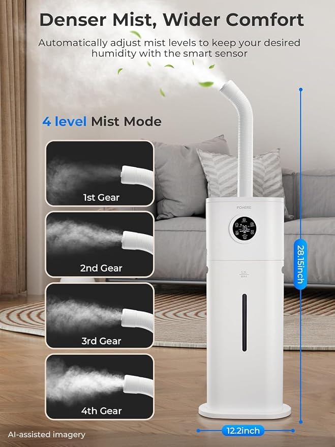 FOHERE 12L Humidifier for Large Room 1000ft², 120H Runtime, 1000ml/h Mist