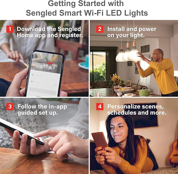 Sengled Smart Light Bulbs, Alexa Light Bulb No Hub Required, Smart Bulbs That Work with Alexa & Google Home, WiFi Light Bulb A19 800LM 60W Equivalent, Soft White High CRI>90, Only 2.4GHz WiFi,4 Pack