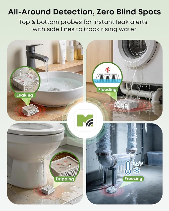 MOCREO LW1 Long Range Water Leak Detector, 105dB Adjustable Alarm, IP67 Waterproof, Leak Severity Tracking, SMS App Email Alert, Water Sensor for Basement Pipe Laundry (H5Pro or H6Pro Hub Required)