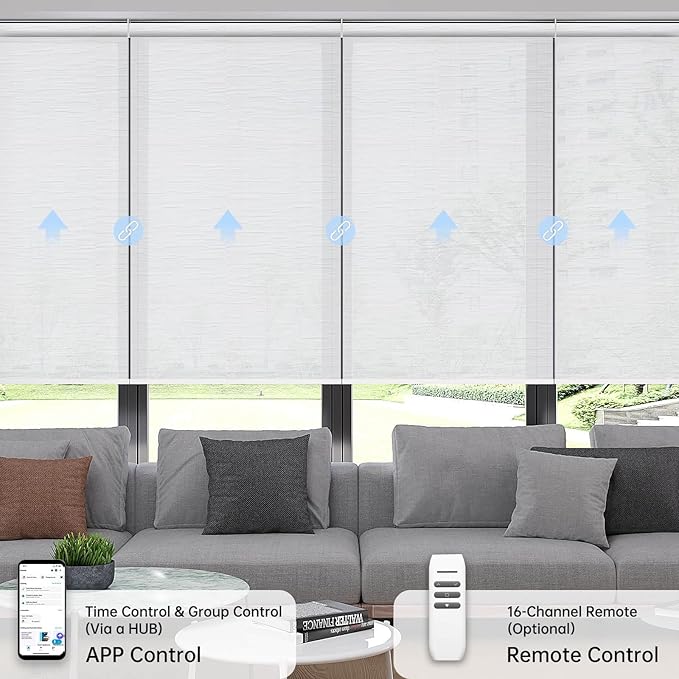 Motorized Coupled Shades, Light Filtering Smart Blinds for Large Windows Automatic Blinds Compatible with Alexa, Electric Roller Shades Customized for Living Room Home Office(Jacquard White)