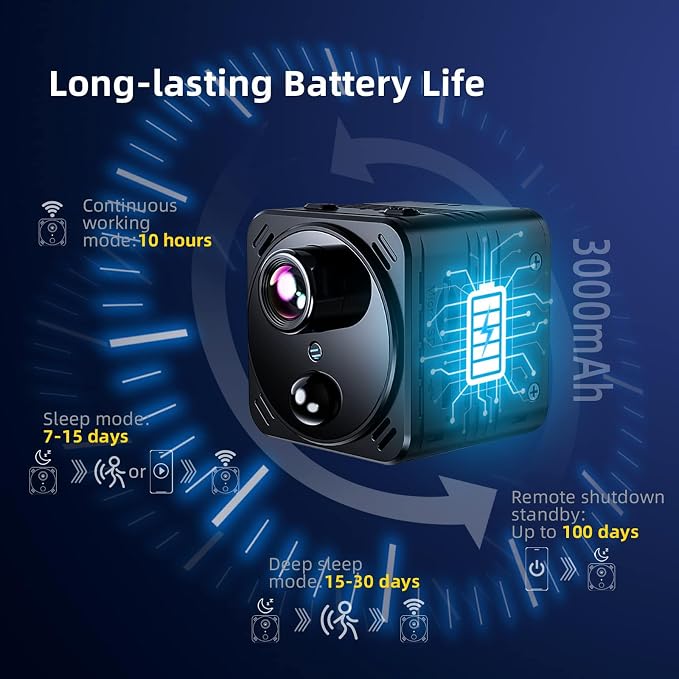 VIDCASTIVE Security Camera 4K Mini Wireless WiFi Indoor Cameras, AI Human Detection, Auto Night Vision, Cloud Storage, Up to 100 Days Standby Battery Life
