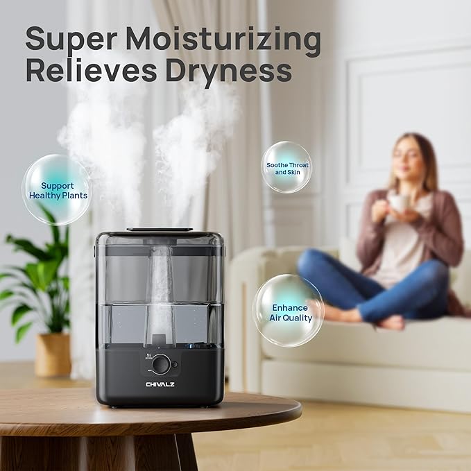 CHIVALZ Humidifiers for Bedroom Large Room, 6L Cool Mist Top Fill Humidifier with Essential Oil Diffuser, 26dB Quiet Ultrasonic Humidifier for Baby Nursery Plants, 50H Runtime Night Light Black