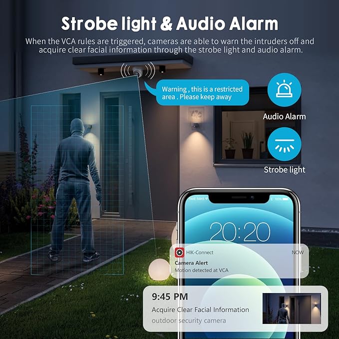 DS-2CD2386G2-ISU/SL 2.8mm HIK 8MP PoE IP Camera, 4K AcuSense Turret Network Camera with Strobe Light and Audible Warning, Built-in Mic and Speaker, Human/Vehicle Detection, Compatible with HIK NVR