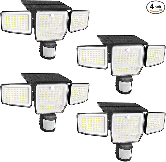 6000LM Solar Lights Outdoor, 4 Heads Motion Sensor Outdoor Lights, Solar Flood Lights for Yard House Outside Garage, IP65 Waterproof, 3 Modes, Easy Install, 4 Pack